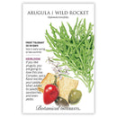 Seed packet for Arugula and Wild Rocket with botanical illustration and text.