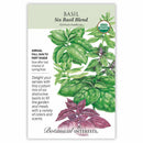 Basil seed packet with green and purple basil leaves on a white background