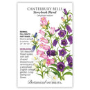 Seed packet for Canterbury Bells with floral illustration and text details.