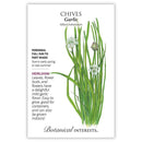 Seed packet for chives with botanical illustration and text on a white background