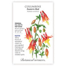 A botanical seed packet for Columbine Eastern Red (Aquilegia canadensis) by Botanical Interests, featuring a white background with text details and a detailed watercolor illustration of red and yellow flowers with green leaves.