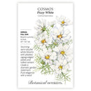 Seed packet for Cosmos Fizzy White, showing white semi-double flowers with yellow centers and green stems on a white background with botanical text.