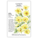 Cosmos Xanthos plant information card with yellow flowers and text.