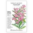 Seed packet for 'Forget-Me-Not Victoria Pink' with botanical illustration and text.