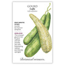 Seed packet for Gourd Luffa with illustrations and text on a white background