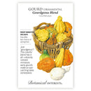 Seed packet for Gourd Ornamental Gourdgeous Blend by Botanical Interests, featuring an illustration of a basket filled with colorful gourds and a few real gourds in front, on a white background with product text.