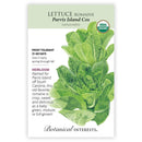 Seed packet for Botanical Interests Lettuce Romaine Parris Island Cos with green lettuce illustration on a white background.