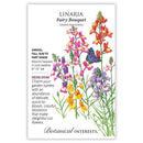 Seed packet for Linaria Fairy Bouquet with colorful flowers and text on a white background