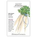 Seed packet for parsnips with illustrations and text on a white background