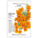 Seed packet for Botanical Interests Poppy California Orange with orange flowers and text.