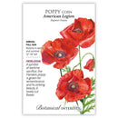 Seed packet for Poppy corn with red flowers and botanical details on a white background