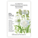 Seed packet for Scabiosa Pincushion Flower Snow Maiden with botanical illustration and text.
