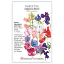 Sweet pea seed packet with colorful flowers and botanical interests branding