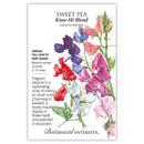 Seed packet for sweet pea knee-hi blend with colorful flowers and botanical details.