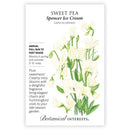 Sweet pea seed packet with botanical illustration and text on a white background