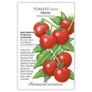 Tomato bush Glacier seed packet with illustrations of tomatoes and text on a white background