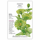Seed packet for Zinnia Envy with botanical illustration and text details.