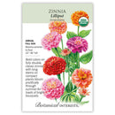 Zinnia Lilliput seed packet with colorful zinnia illustrations and Botanical Interests branding.