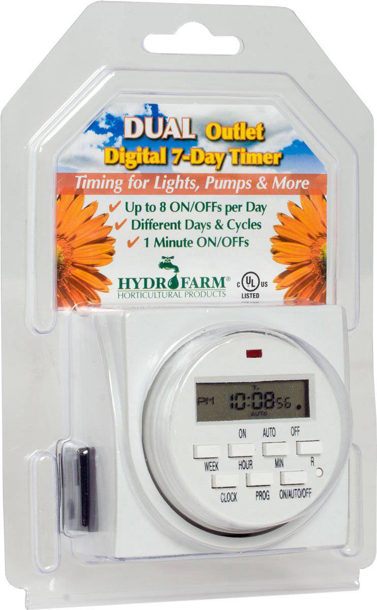 Hydrofarm Dual Outlet 7-Day Grounded Digital Programmable Timer, 1725W, 15A, 1 Minute On/Off - CF Hydroponics